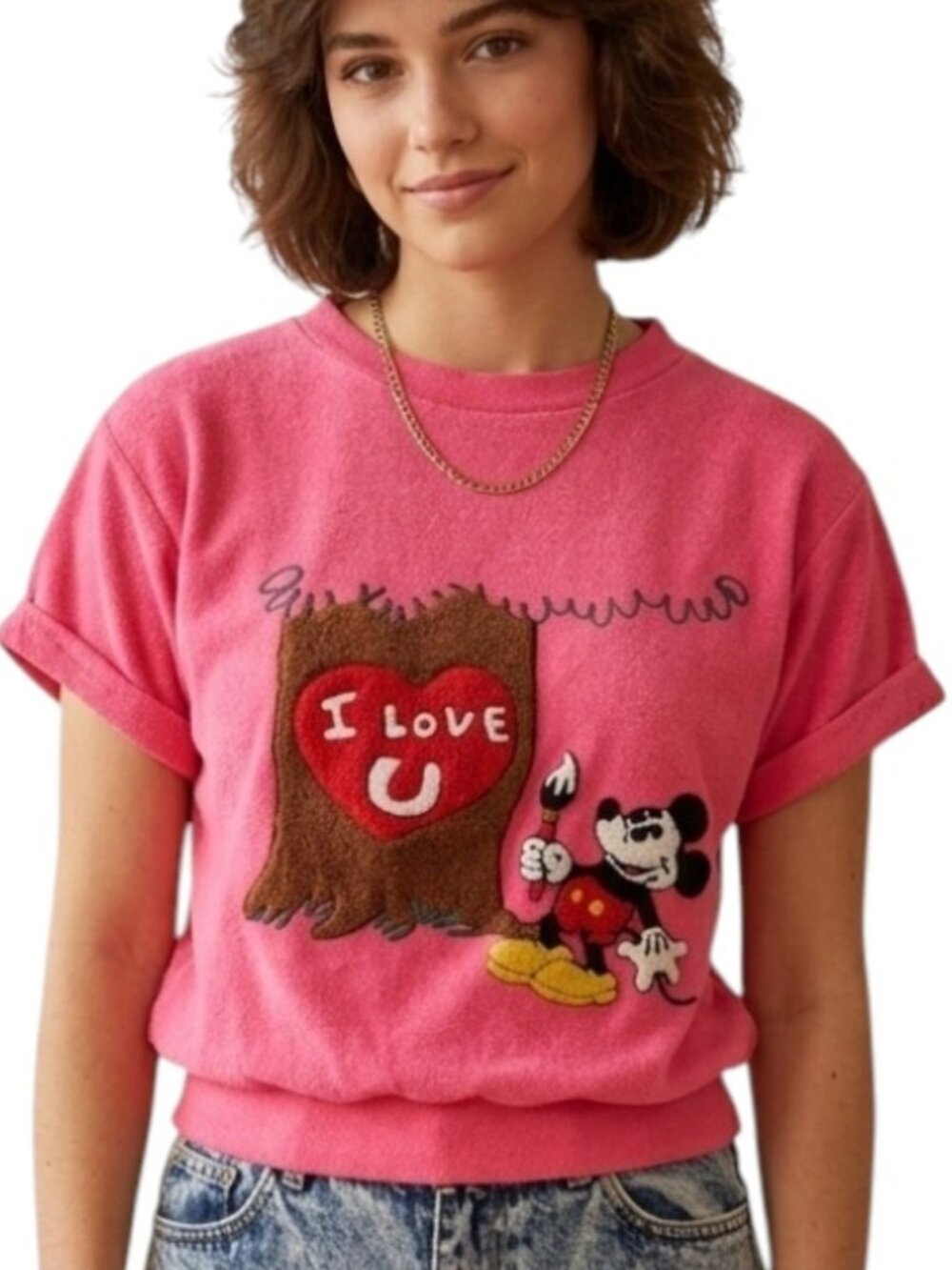 Vintage Disney Mickey Mouse Graphic Tee Women Large Pink 80s Retro